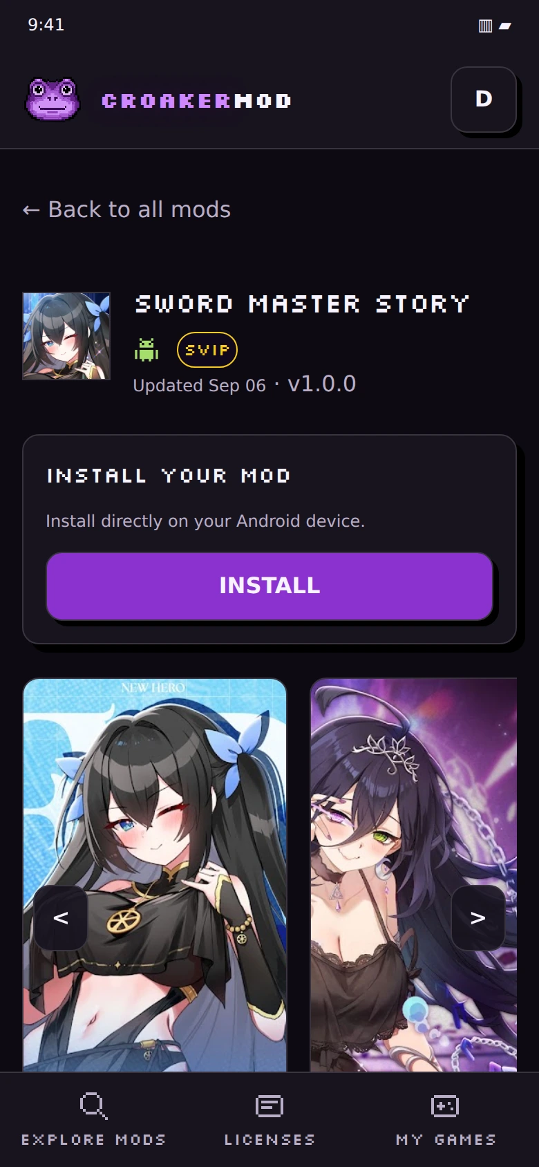 CroakerMOD Android app showing the mod catalog with game artwork